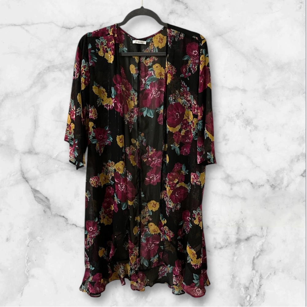 Maurice’s black floral print sheer open front kimono 1/2 sleeve size XXL